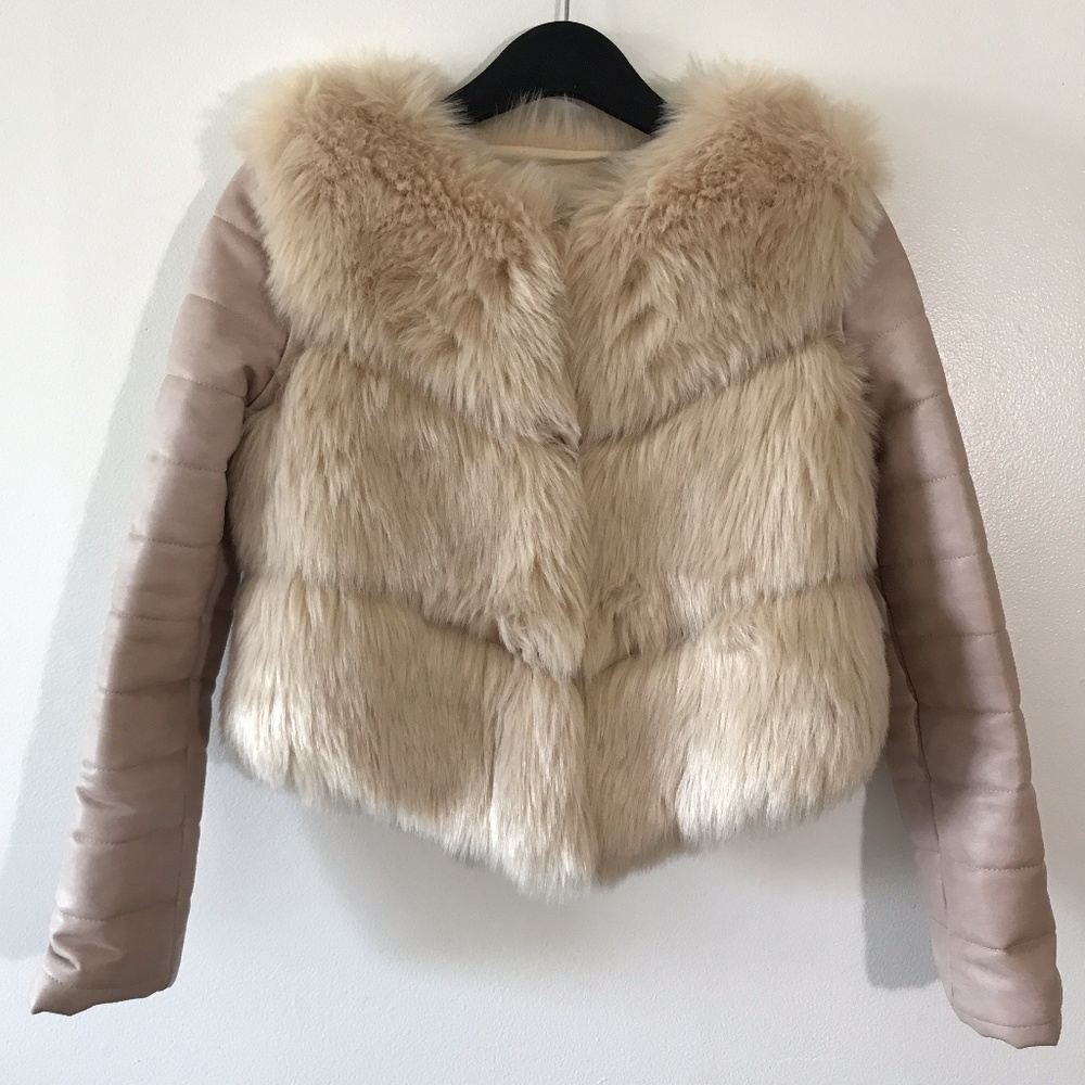 Faux Fox Fur Jacket Detachable Sleeves Cream S